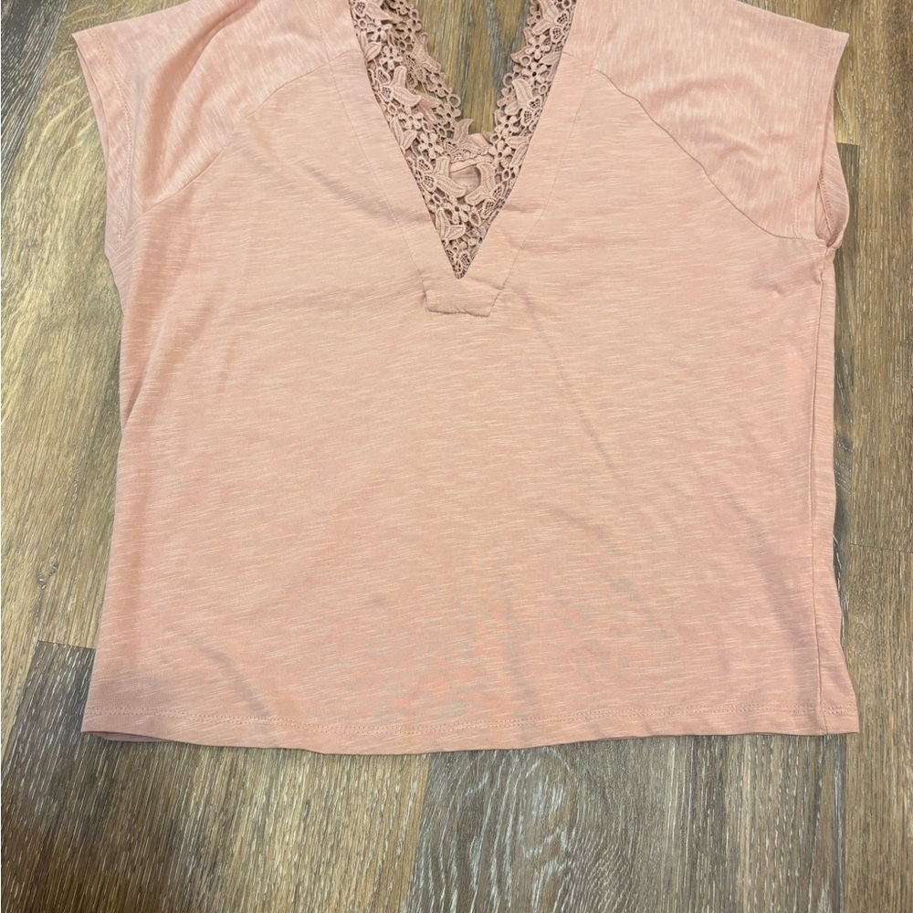Anthropologie Blush Pink Short Sleeve V-Neck Tee with Lace Trim